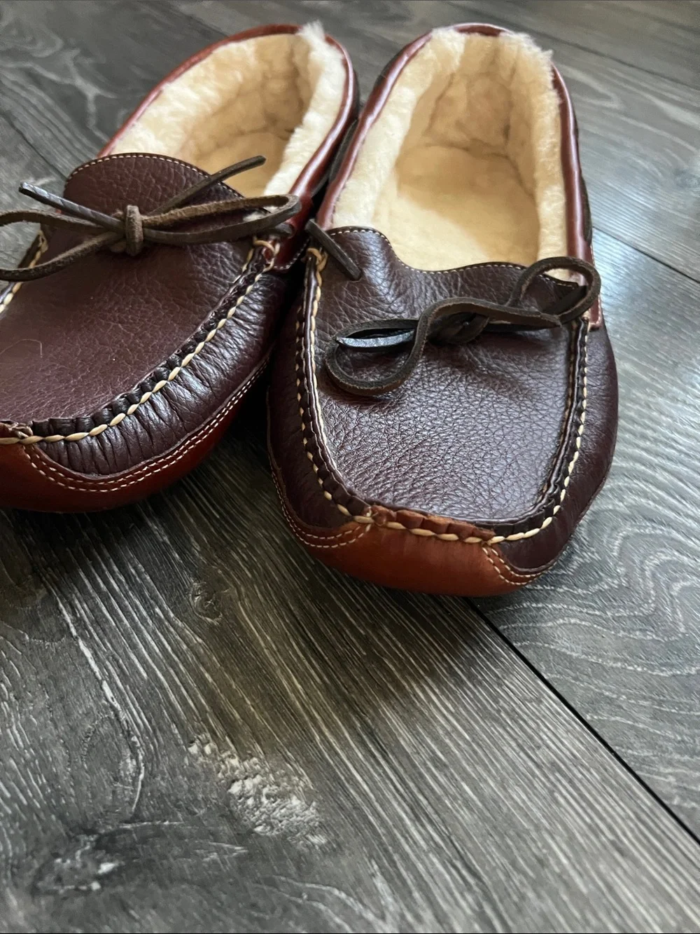 L.L. Bean Brown Leather Shearling-Lined Moccasin Slippers